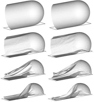 Inflation and deflation of a closed tube. L=6, D=2, h=5×10⁻⁴. Left figure: results obtained with the full bending formulation. Right figure: results obtained with a pure membrane solution
