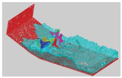 Detail of the motion of ten tetrapods on a slope under an incident   wave. The figure shows the complex interactions between the water particles   and the tetrapods.