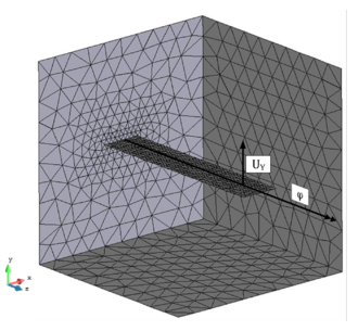 Infinitely thin and moving plate within a fluid flow - The picture shows a setup to test the computational costs related to the different mesh solvers.