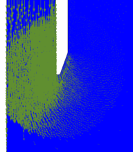 Thick sampler with a beveled cutting shoe. Rough interface (α=0.8). Incremental plastic shear strain, (a), magnitude of the normalized velocity, (b), and velocity vectors nearer the cutting shoe, (c), at a penetration of 5.5\, R.