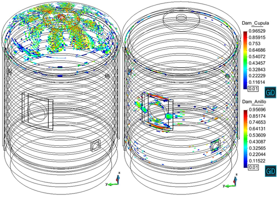 Maximum pressure at the Pre-op test. Damage internal variable  d ퟄ\left[0,1\right] at the dome (Cupula) and at the cylinder (Anillo)
