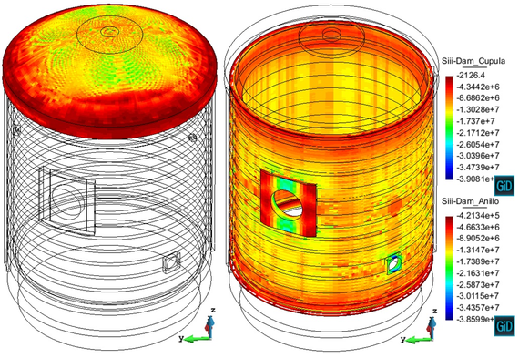 Beginning of the Pre-op test. Minimum principal stress - compression stress distribution [ Pa ] at the dome (Cupula) and at the cylinder (Anillo)