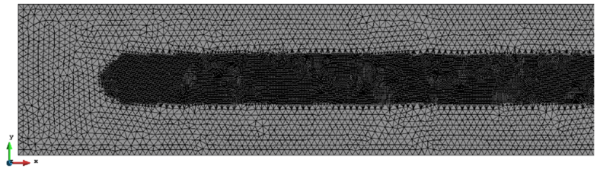 Problems due to a refinement of the background mesh - The picture shows the resulting mesh when applying the above mentioned refinement technique in case of a arbitrary large movement, i.e. a translation of the sphere in positive X-direction