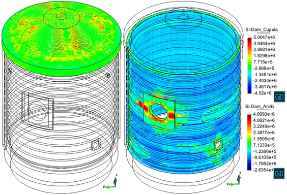 Maximum pressure at the Pre-op test. Maximum principal stress - tension stress distribution [ Pa ] at the dome (Cupula) and at the cylinder (Anillo)