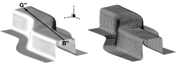 Stamping of a S-rail. Final deformation of the sheet after springback obtained in the simulation. The triangular mesh of the deformed sheet is also shown