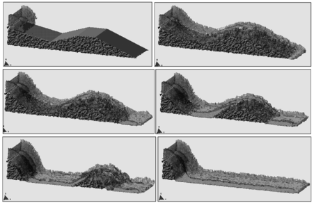 Erosion of a 3D earth dam due to an overspill stream.