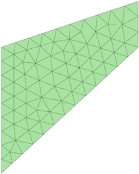 Nearly incompressible Cook's membrane. Initial geometry, material data and FEM mesh (127 elements).