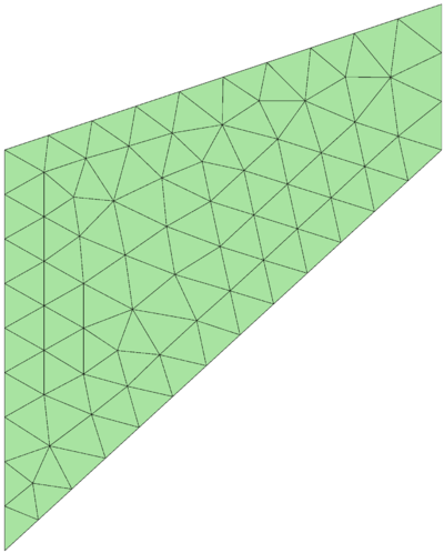 Nearly incompressible Cook's membrane. Initial geometry, material data and FEM mesh (127 elements).