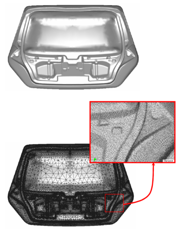Car tail gate. Geometry and final adapted mesh of 489560 EBST1 elements used for the  stamping simulation
