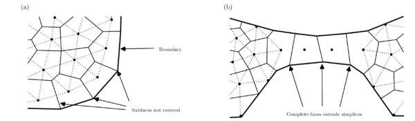 (a) When the calculation points of volumes contiguous to the boundary            are in the interior of such volumes, there will arise subfaces next            to the boundary that can not be covered by any simplex.            (b) Portions of the mesh formed by a queue of aligned volumes do not            allow the formation of simplices through that queue and there will be            whole faces not covered by any simplex.