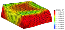 Sidepressing of a cylinder, FIC algorithm  (α=0.1),  tetrahedra, mesh  of 22186 elements: (a) effective plastic strain; (b) pressure distribution