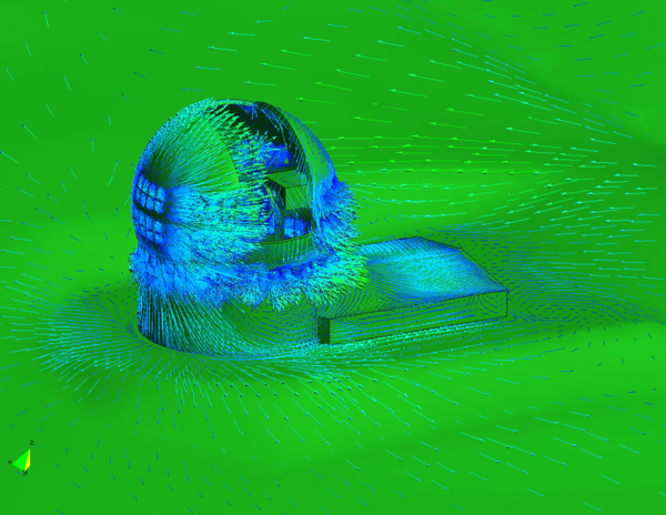 Malla y resultados del campo de velocidades del aire alrededor        del telescopio con parte del terreno circundante.