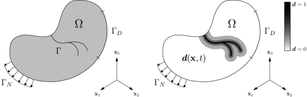 The left side shows the body with an internal fracture, denoted Γ, under boundary conditions. The right side shows the damage          field approximation of the fracture surface.
