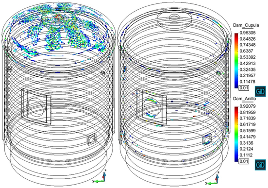 Beginning of the Pre-op test. Damage internal variable  d ퟄ\left[0,1\right] at the dome (Cupula) and at the cylinder (Anillo)
