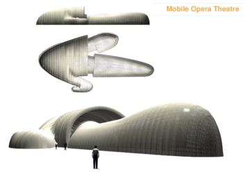 Projects of low pressure inflatable pavilions. Above: pavilion  for an international swimming competition. Below: mobile opera theatre