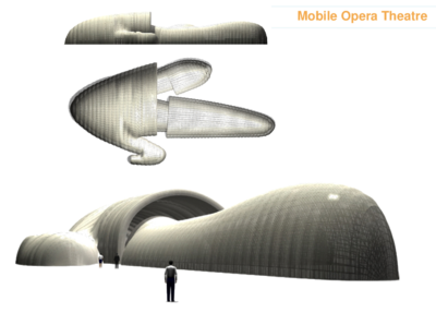 Projects of low pressure inflatable pavilions. Above: pavilion  for an international swimming competition. Below: mobile opera theatre