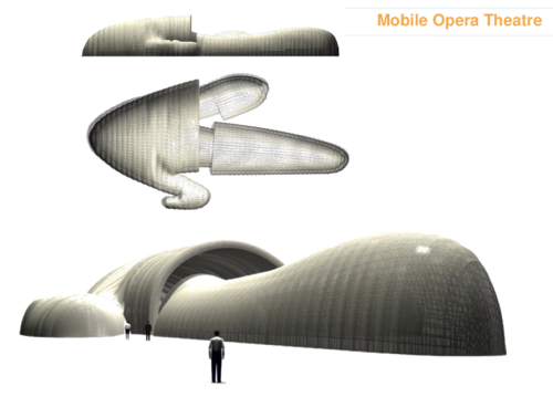 Projects of low pressure inflatable pavilions. Above: pavilion  for an international swimming competition. Below: mobile opera theatre