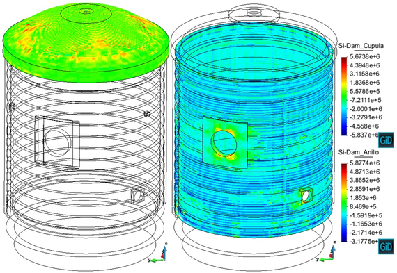 Beginning of the VD2 test.Maximum principal stress - tension stress distribution [ Pa ] at the dome (Cupula) and at the cylinder (Anillo)