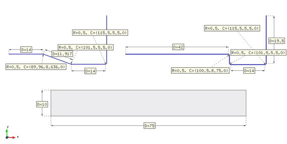Extrusion of a steel plate with two wall dies. Dimensions expressed in mm.