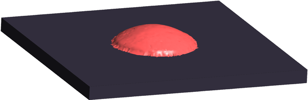 Basic model. Snapshots of the initial splashing of the corium on the plate.