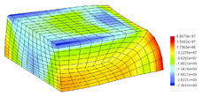 Sidepressing of a cylinder, mixed formulation,  hexahedral mesh: (a) effective plastic strain; (b) pressure distribution
