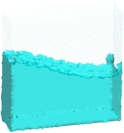 3D analysis of sloshing of water in prismatic tank (θ= 1). Snapshots of water geometry at two different times (t=5.7s left and t=7.4s right).