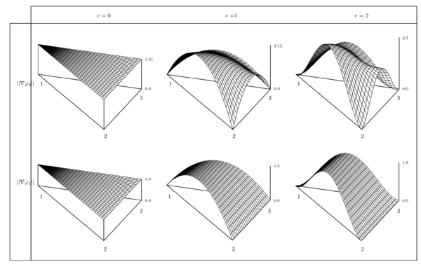 For the bidimensional case, the top displays the last node gradient            magnitudes and the bottom the first node gradient magnitudes, the            gradient magnitudes of the second node is equivalent to that of            the first one.            The columns separate the first three levels of smoothness.
