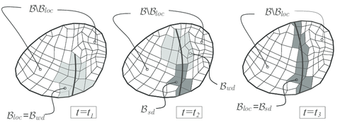 Evolution of the injection domains for three typical stages (t₁< t₂< t₃) of the  discontinuity propagation.