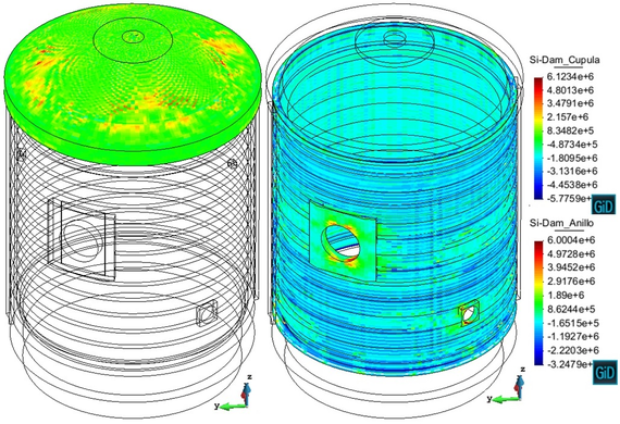 Beginning of the Pre-op test. Maximum principal stress - tension stress distribution [ Pa ] at the dome (Cupula) and at the cylinder (Anillo)