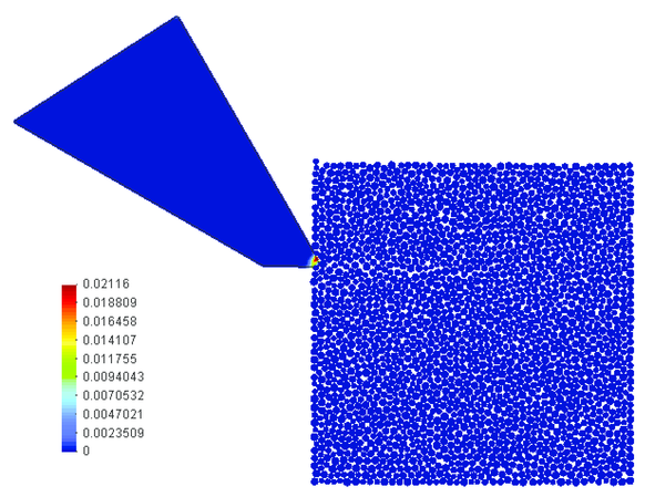 Rock cutting process analysed using the FEM/DEM model. The effective plastic strain in the tool in the initial phase of cutting