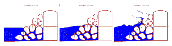 Detail of the impact of a wave on a breakwater. The arrows indicate   the water force on the rocks at different instants.