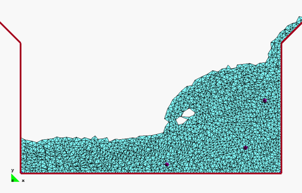 Motion of three macroscopic particles in a water sloshing problem within a tank. PFEM results obtained using the nodal algorithm for particle tracking