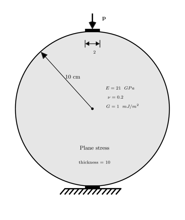 Brazilian test. Geometry is described by a disk with radius and thickness of 10 ~cm, assuming plane stress. Material properties and boundary conditions for quasi-static analysis are displayed.