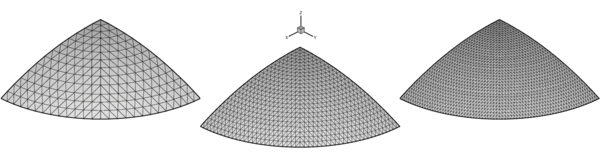 Spherical dome under impulse pressure. Meshes used in the analysis. Mesh-1 with 338 elements, Mesh-2 with 1250 elements and Mesh-3 with 2888 elements