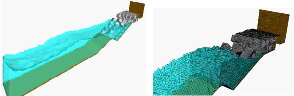 Breaking waves on breakwater slope containing reinforced concrete blocks. Mesh of 4-noded tetrahedra near the slope