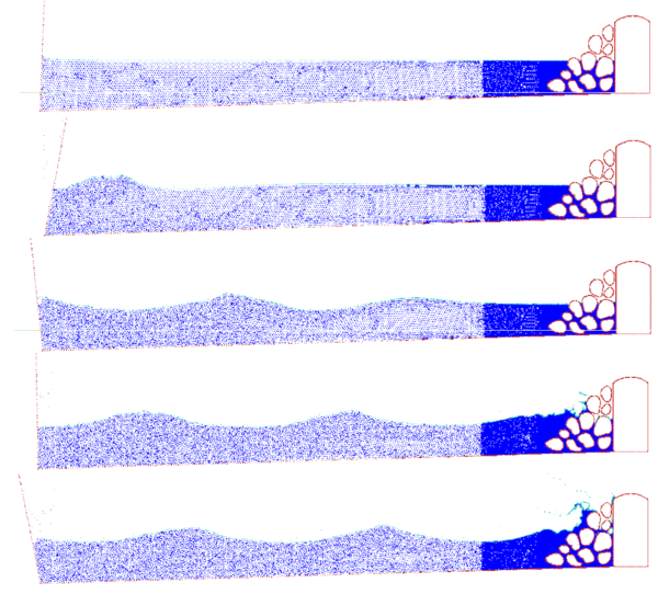 Generation and impact of a wave on a collection of   rocks in a breakwater.