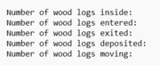 'Figure 12: Summary of total number of supplied logs is together with the number of exited logs (outside the domain), logs deposited (only when log velocity=0 m/s) within the studied domain and number of moving logs within the domain (i.e., log velocity not equal to 0)'