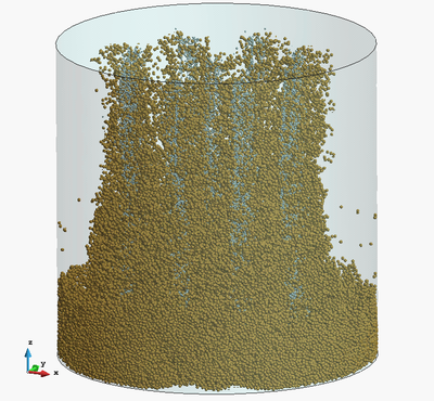 Interaction of eight jets of ascending air bubbles with a thick layer of 200.000 spherical particles that fall down within a cylinder filled with water. Numerical results obtained with a coupled DEM-Eulerian CFD code [24