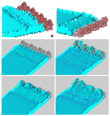3D simulation of the impact of a wave on a collection of rocks in a breakwater.