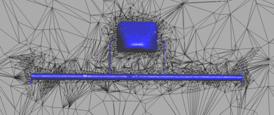 Comparison of fluid meshes with refinement strategy 1 - The fluid meshes are cut at the front wing of the Formula 1 car (blue).