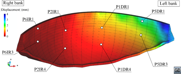 Displacement field resulting from the anomaly in scenario 3. View from downstream.