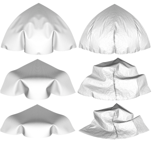 Deflation of a circular air-bag. Left figure: results obtained with the full bending formulation. Right figure: results obtained with a pure membrane solution