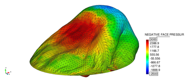 Failure of structure model in the embedded case - The picture shows the actual structure model with mapped surface pressure at t = 9.3s. Note the interpenetrating and overlapping elements.