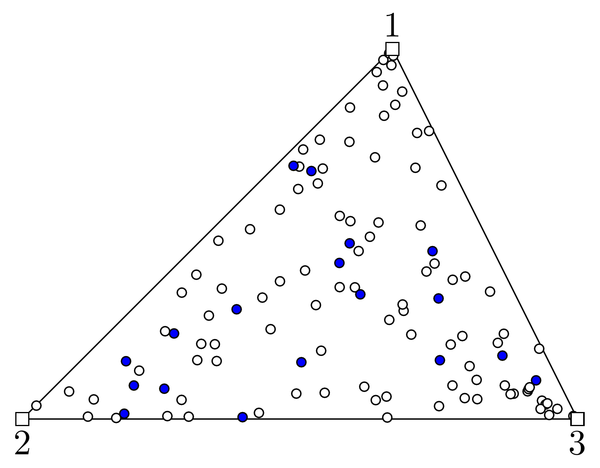 Particles that compose the spray in an air-element. The water particles are shown as blue circles; the air particles are seen as white circles.