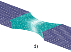 Tensile test FE meshes during the remeshed FEM-DEM calculation using 4-noded tetrahedra (a) 12000 FE, b) 8248 FE, c) 14092 FE and d) 70749 FE