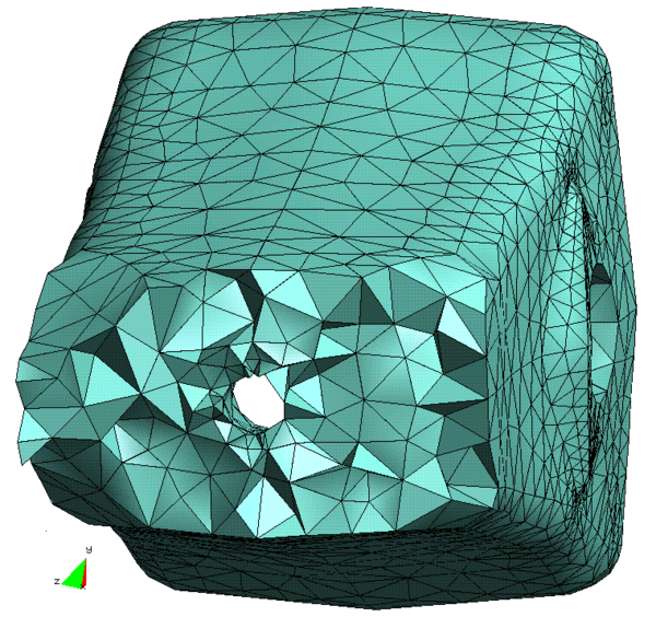 Malla de una pieza de diente de excavación, recortada     para permitir ver los tetraedros interiores.