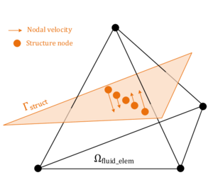 Several structure nodes embedded in one fluid element with each having a different velocity - The picture shows a rotation of the structure around S