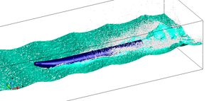 Simulation of the spray generated by the 12~ft WAM-V hull moving at 25 knots using the SL–PFEM.
