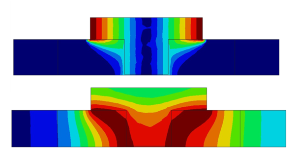 Velocity (top) and temperature fields (bottom) obtained with fully stick condition between pin and work-piece.