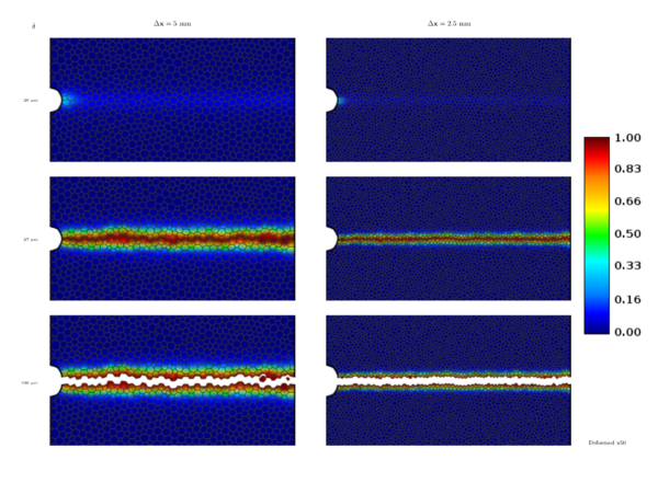 First column illustrates damage field and discretization for mesh ∆x=5 mm with x50 deformation factor, and second column shows same damage field but in discretization of mesh ∆x=2.5 mm